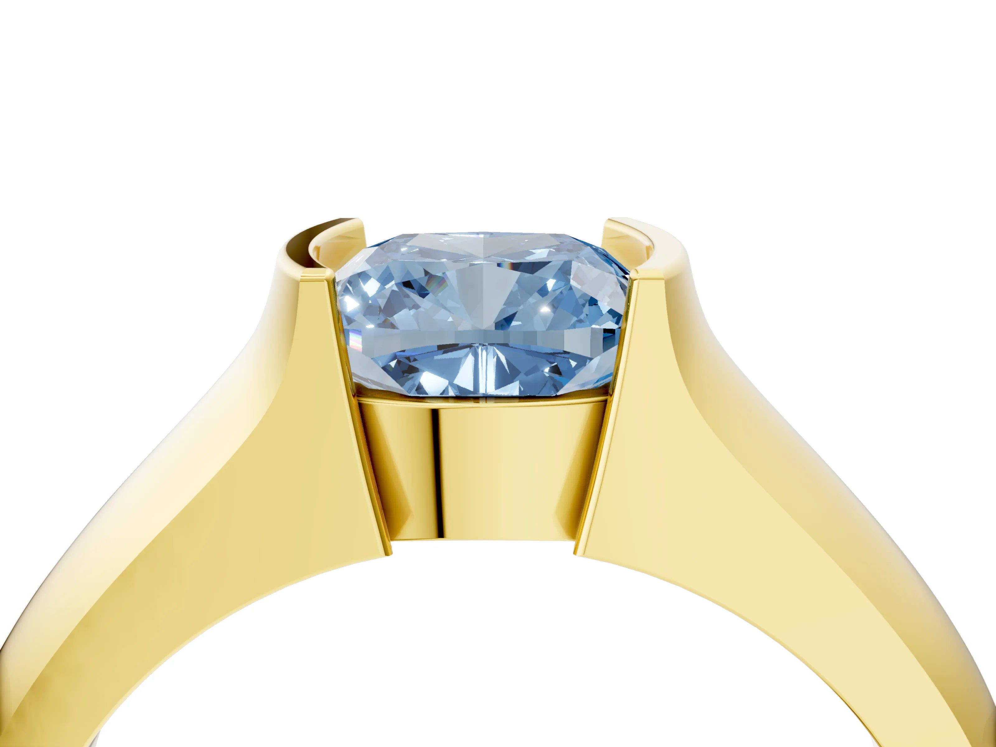Yellow gold Fancy Blue Cushion Cut Solitaire Bezel Set Diamond Ring with Wide Band_4