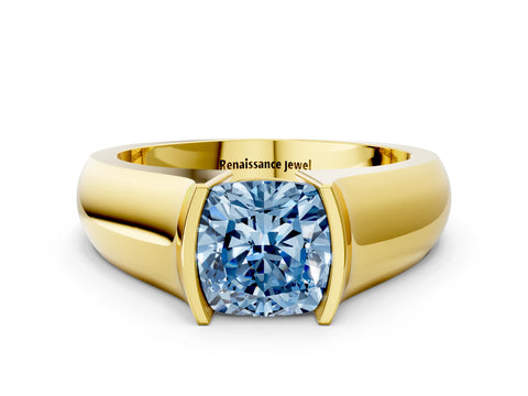 Yellow gold Fancy Blue Cushion Cut Solitaire Bezel Set Diamond Ring with Wide Band