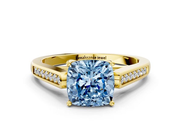 Yellow gold Fancy Blue Cushion Cut Solitaire Cathedral Diamond Engagement Ring with Channel-Set Band and Four-Prong Setting