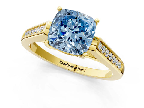 Yellow gold Fancy Blue Cushion Cut Solitaire Cathedral Diamond Engagement Ring with Channel-Set Band and Four-Prong Setting_4