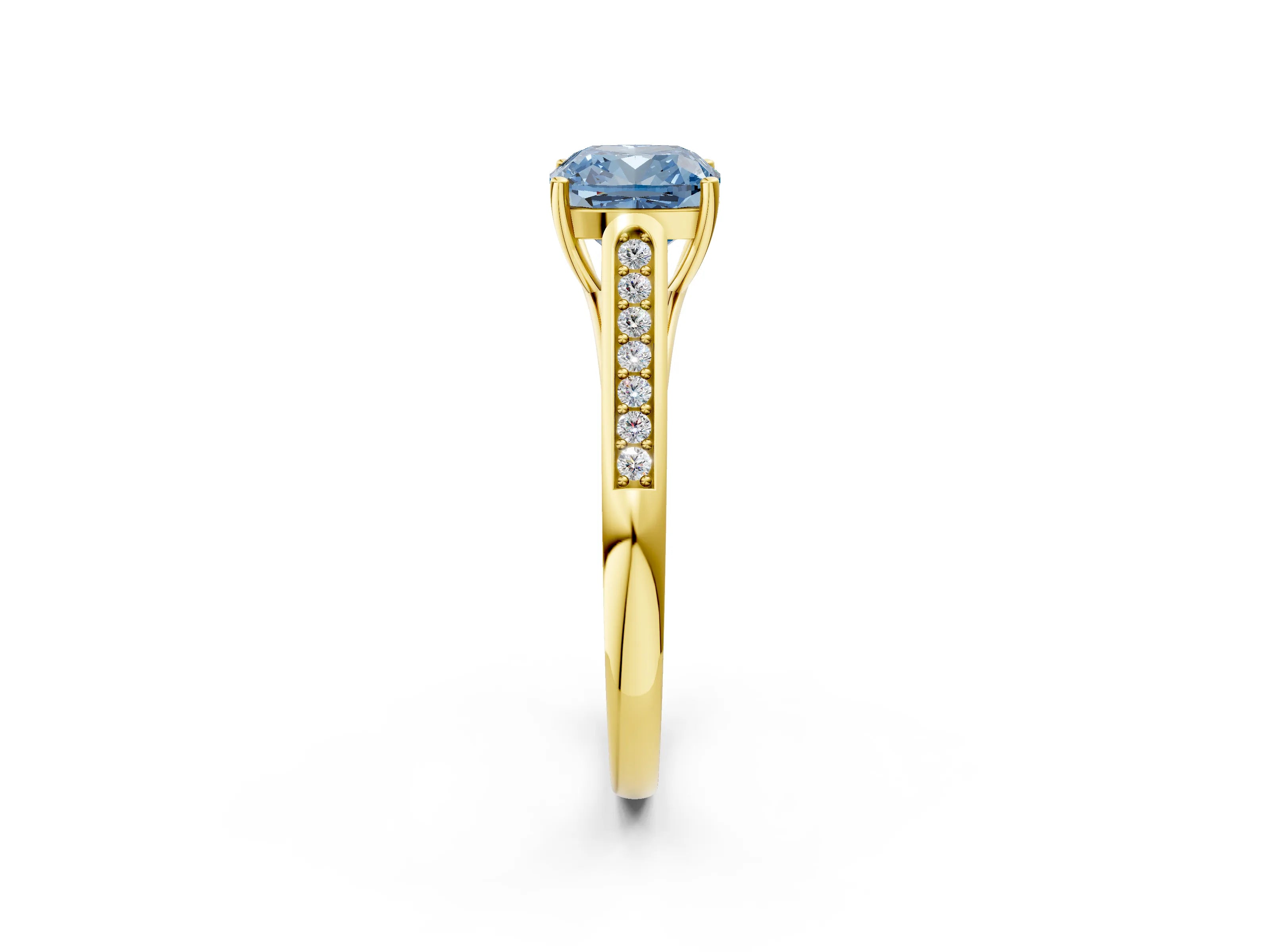 Yellow gold Fancy Blue Cushion Cut Solitaire Cathedral Diamond Engagement Ring with Channel-Set Band and Four-Prong Setting_5