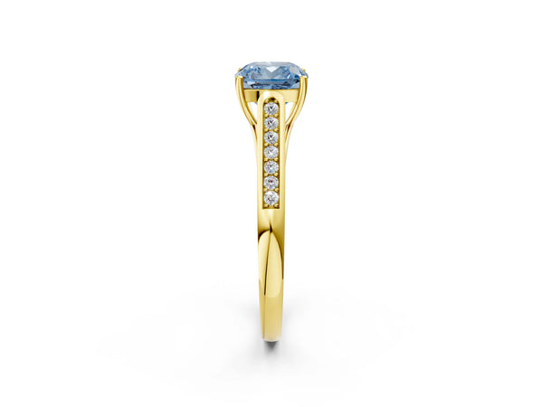Yellow gold Fancy Blue Cushion Cut Solitaire Cathedral Diamond Engagement Ring with Channel-Set Band and Four-Prong Setting