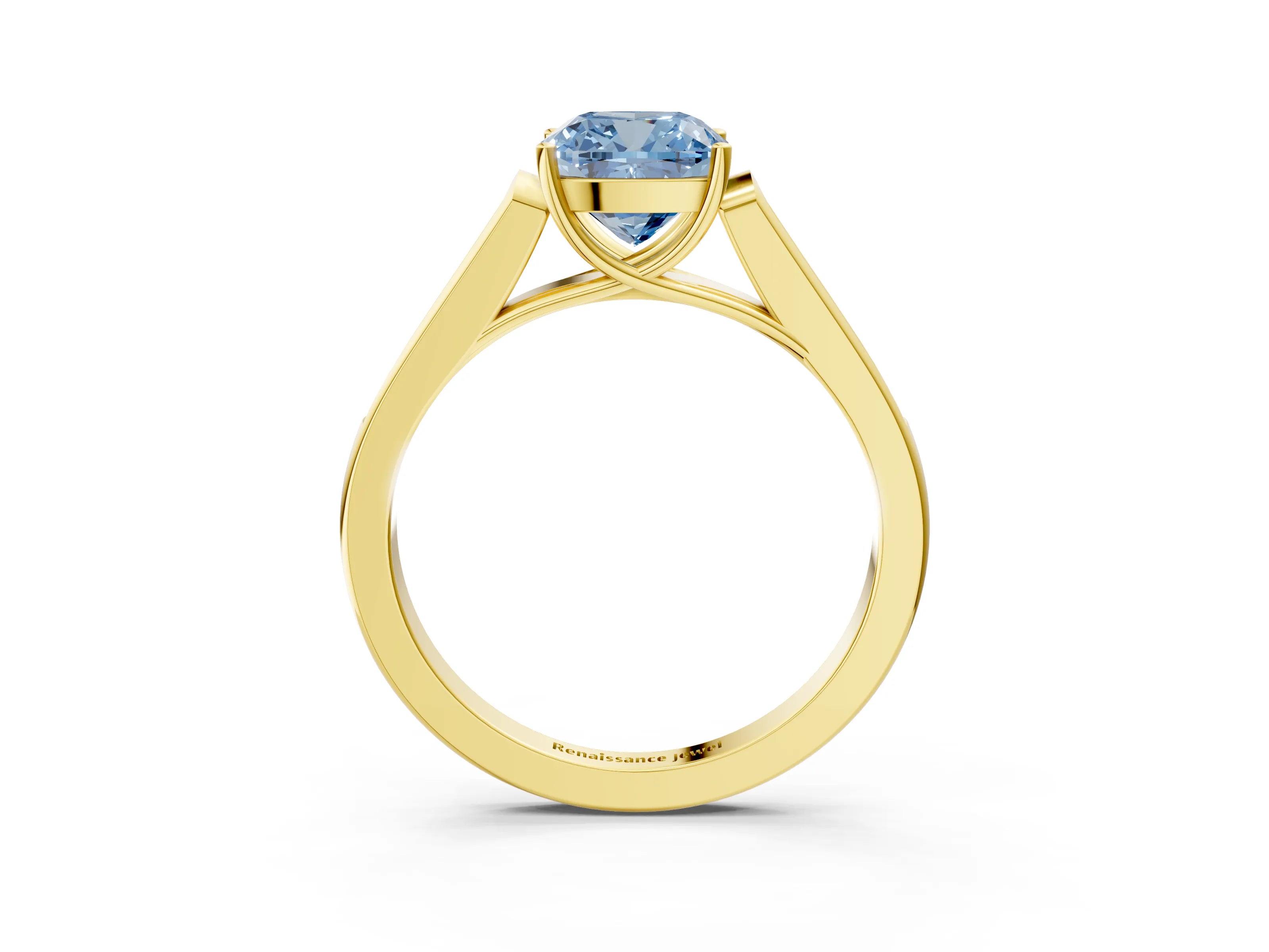 Yellow gold Fancy Blue Cushion Cut Solitaire Cathedral Diamond Engagement Ring with Channel-Set Band and Four-Prong Setting_6