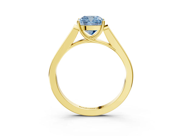 Yellow gold Fancy Blue Cushion Cut Solitaire Cathedral Diamond Engagement Ring with Channel-Set Band and Four-Prong Setting