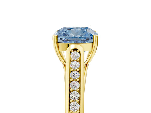 Yellow gold Fancy Blue Cushion Cut Solitaire Cathedral Diamond Engagement Ring with Channel-Set Band and Four-Prong Setting_8