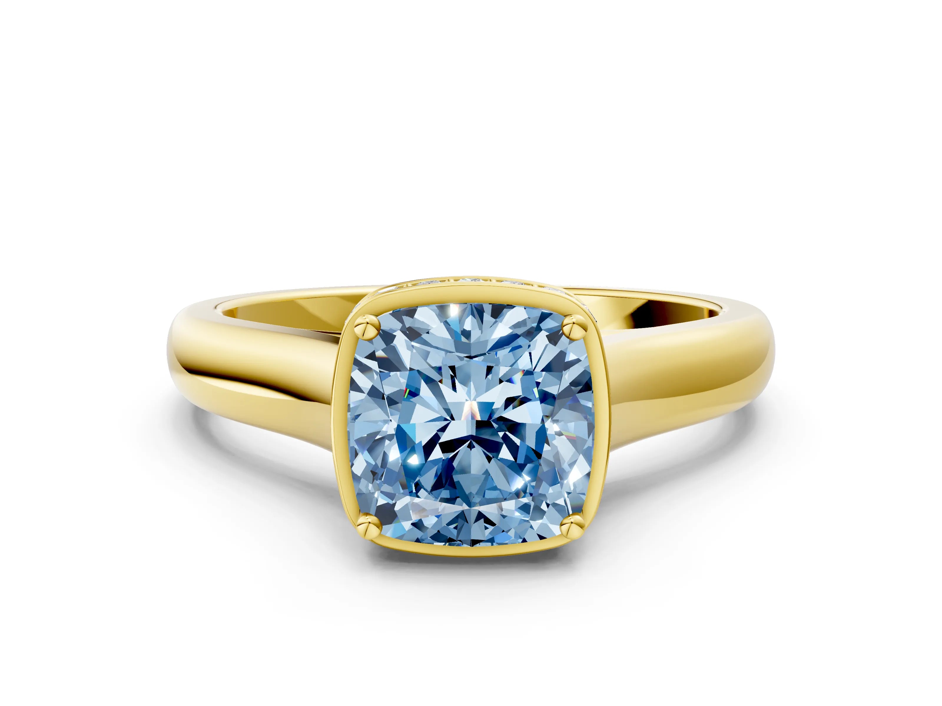 Yellow gold Fancy Blue Cushion Cut Solitaire Diamond Engagement Ring with Four-Prong Setting and Tapered Band