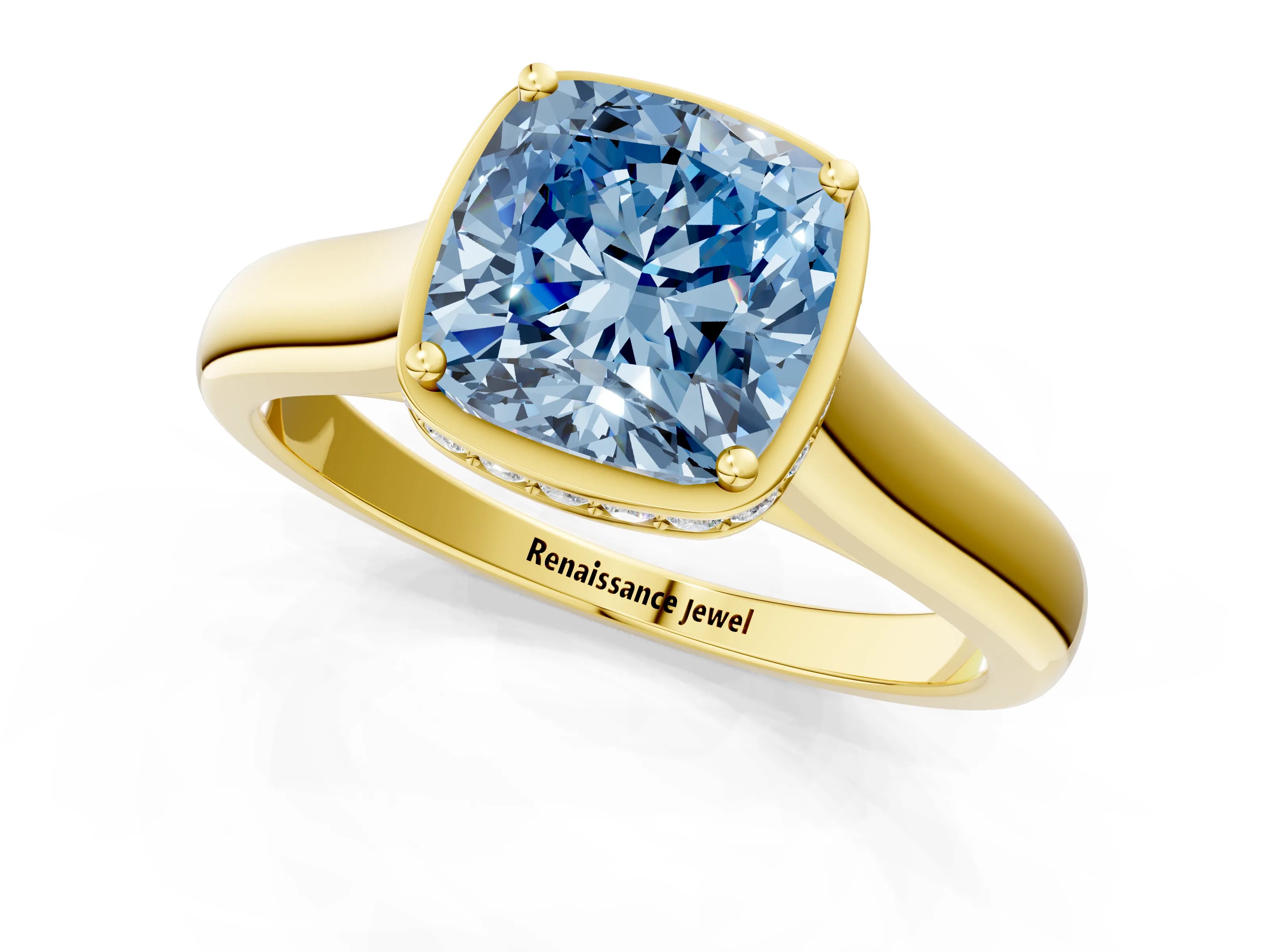 Yellow gold Fancy Blue Cushion Cut Solitaire Diamond Engagement Ring with Four-Prong Setting and Tapered Band_1