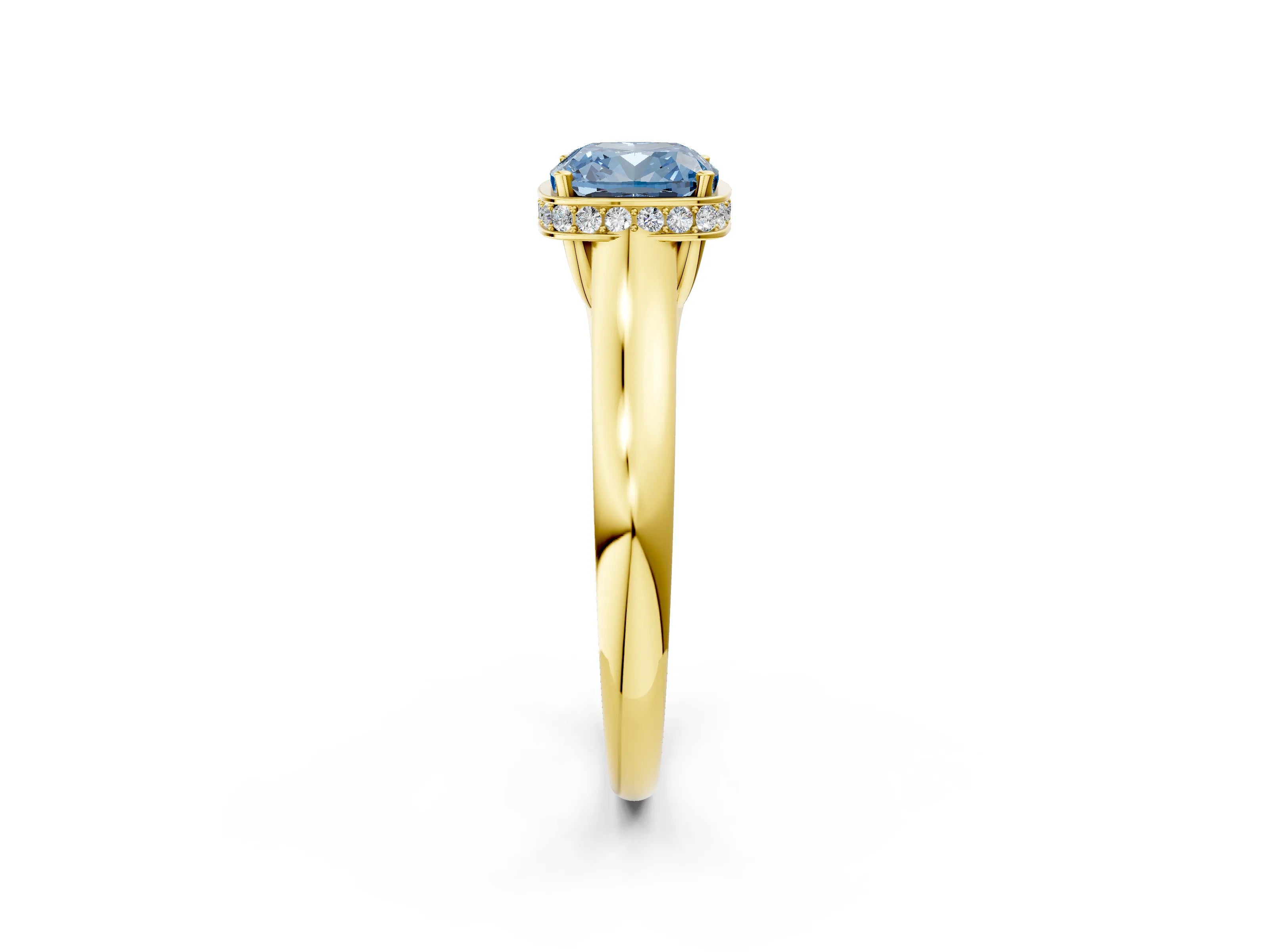 Yellow gold Fancy Blue Cushion Cut Solitaire Diamond Engagement Ring with Four-Prong Setting and Tapered Band_2