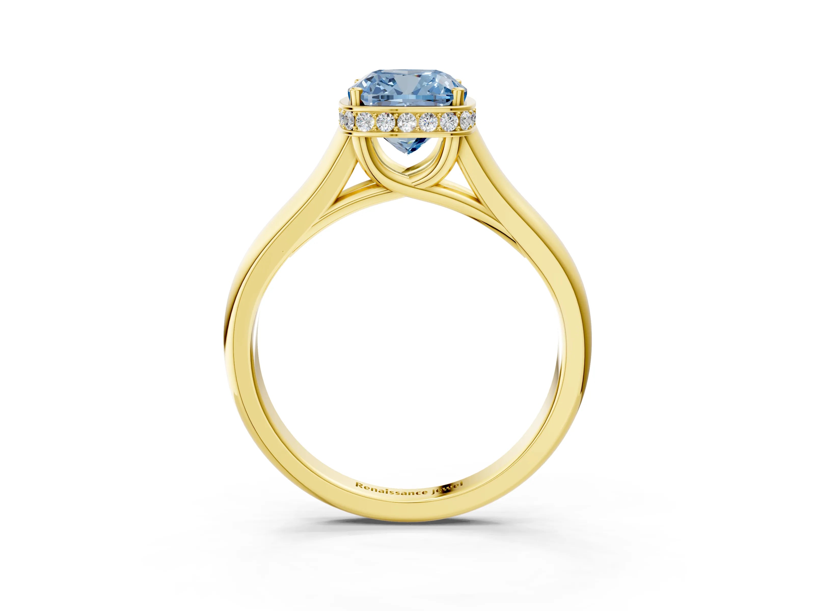Yellow gold Fancy Blue Cushion Cut Solitaire Diamond Engagement Ring with Four-Prong Setting and Tapered Band_3