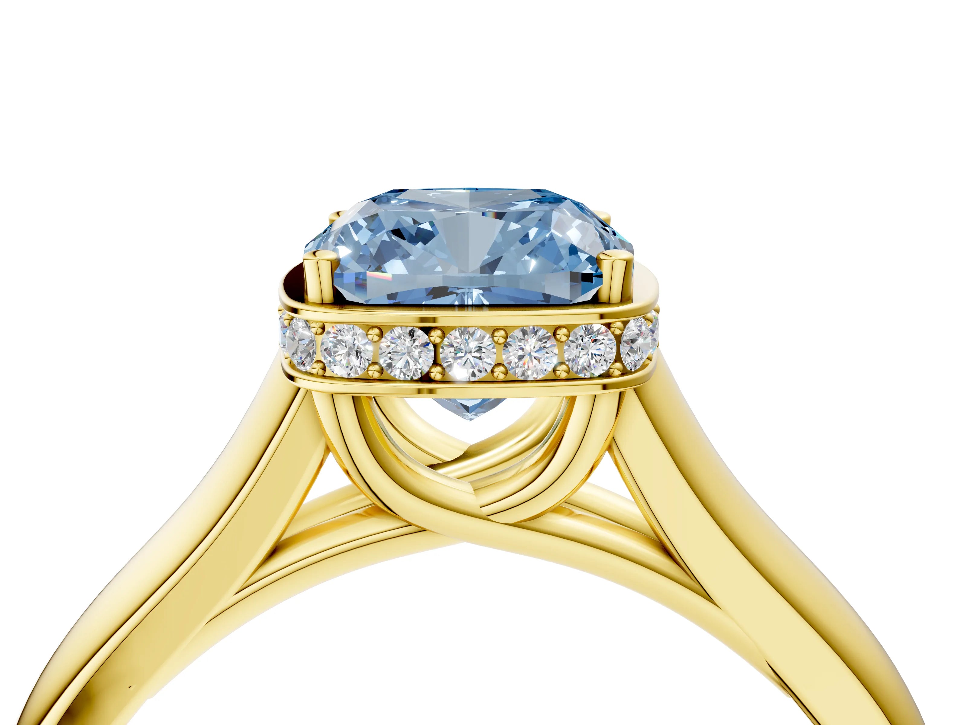 Yellow gold Fancy Blue Cushion Cut Solitaire Diamond Engagement Ring with Four-Prong Setting and Tapered Band_4