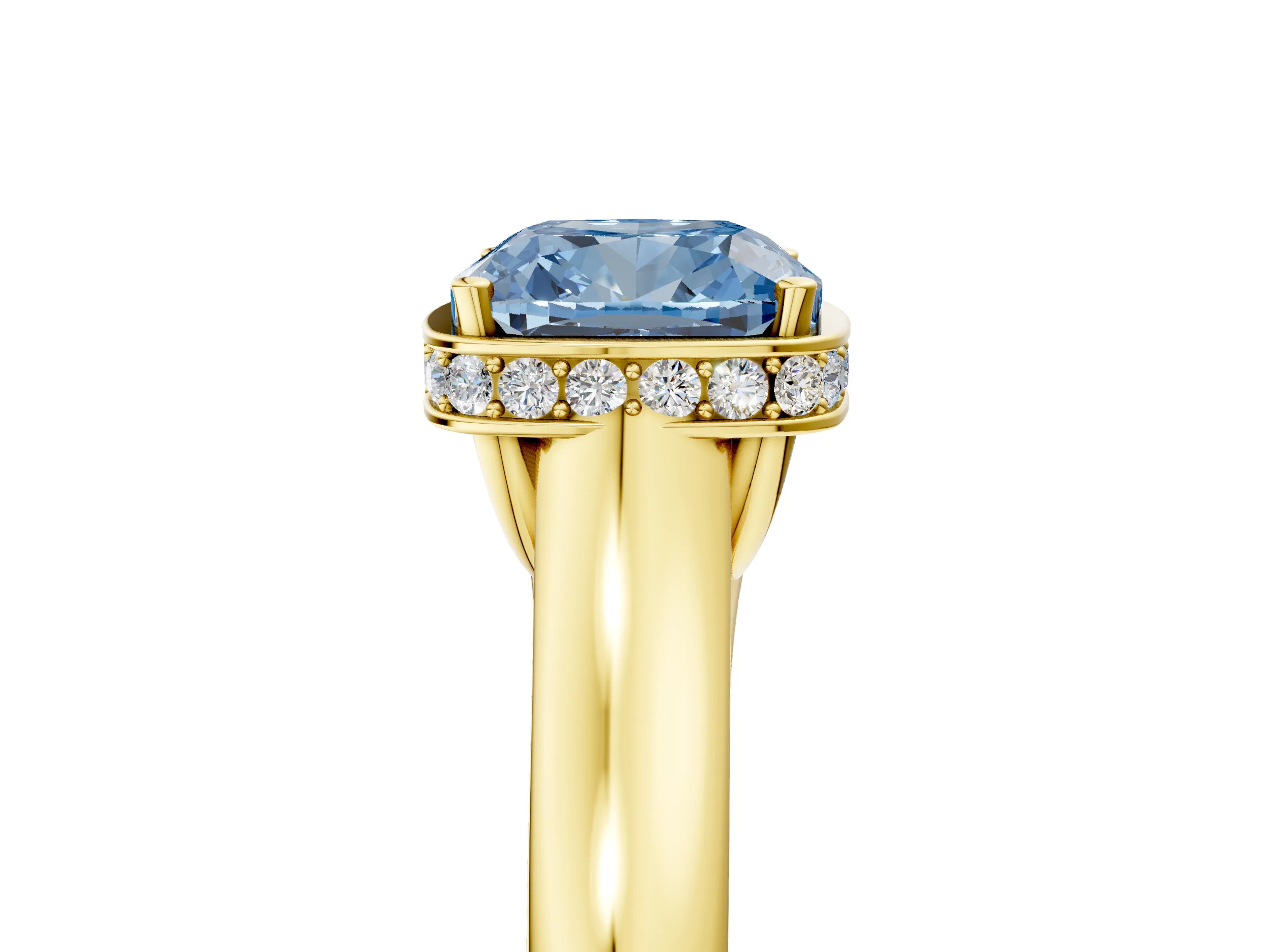 Yellow gold Fancy Blue Cushion Cut Solitaire Diamond Engagement Ring with Four-Prong Setting and Tapered Band_5
