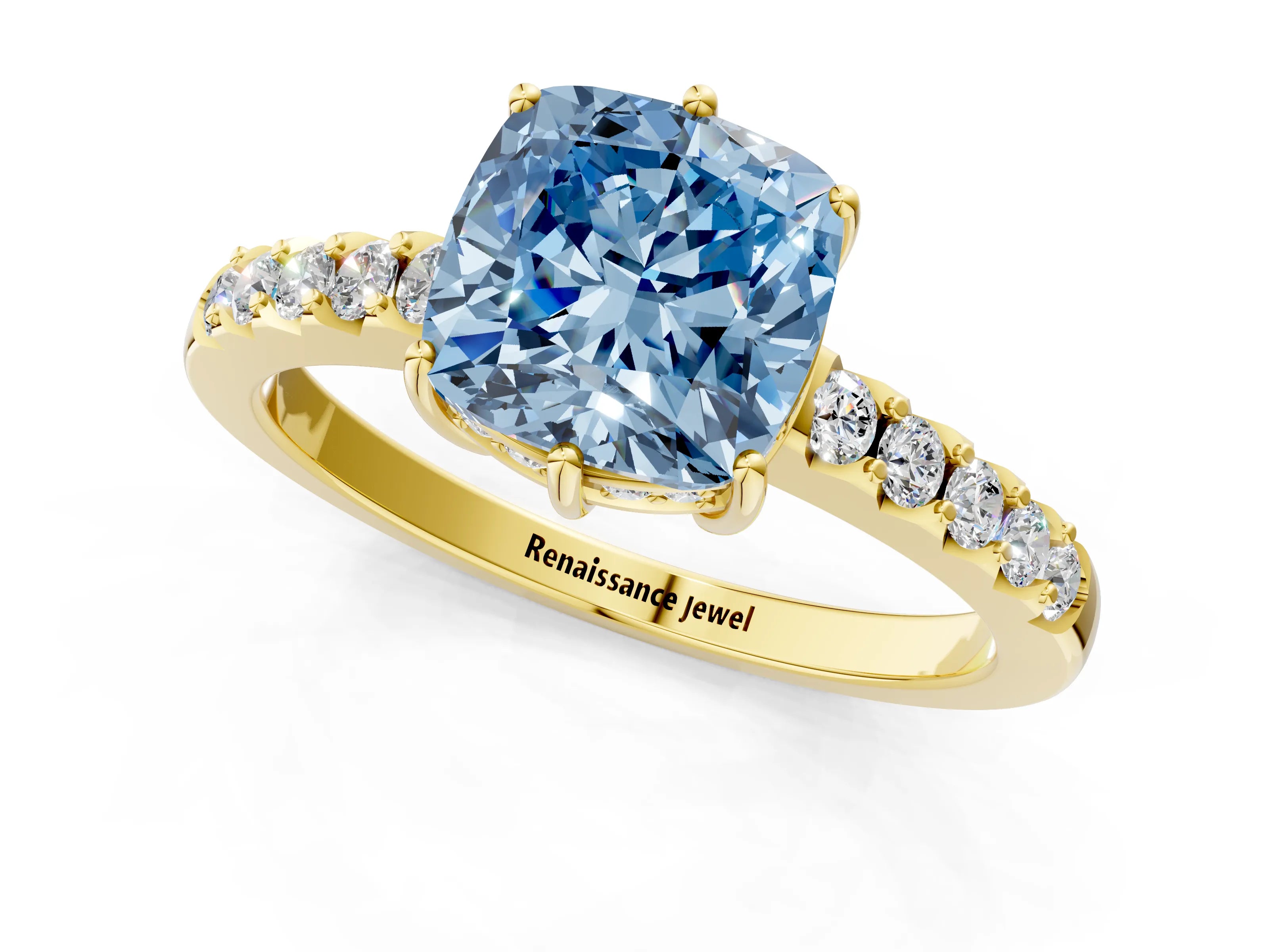Yellow gold Fancy Blue Cushion Cut Solitaire Diamond Engagement Ring with Pavé Band and Six-Prong Setting_13