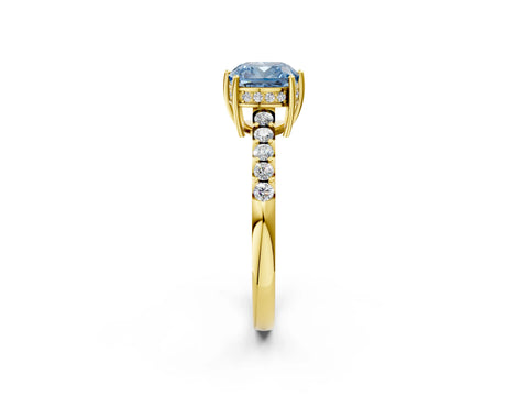 Yellow gold Fancy Blue Cushion Cut Solitaire Diamond Engagement Ring with Pavé Band and Six-Prong Setting_14