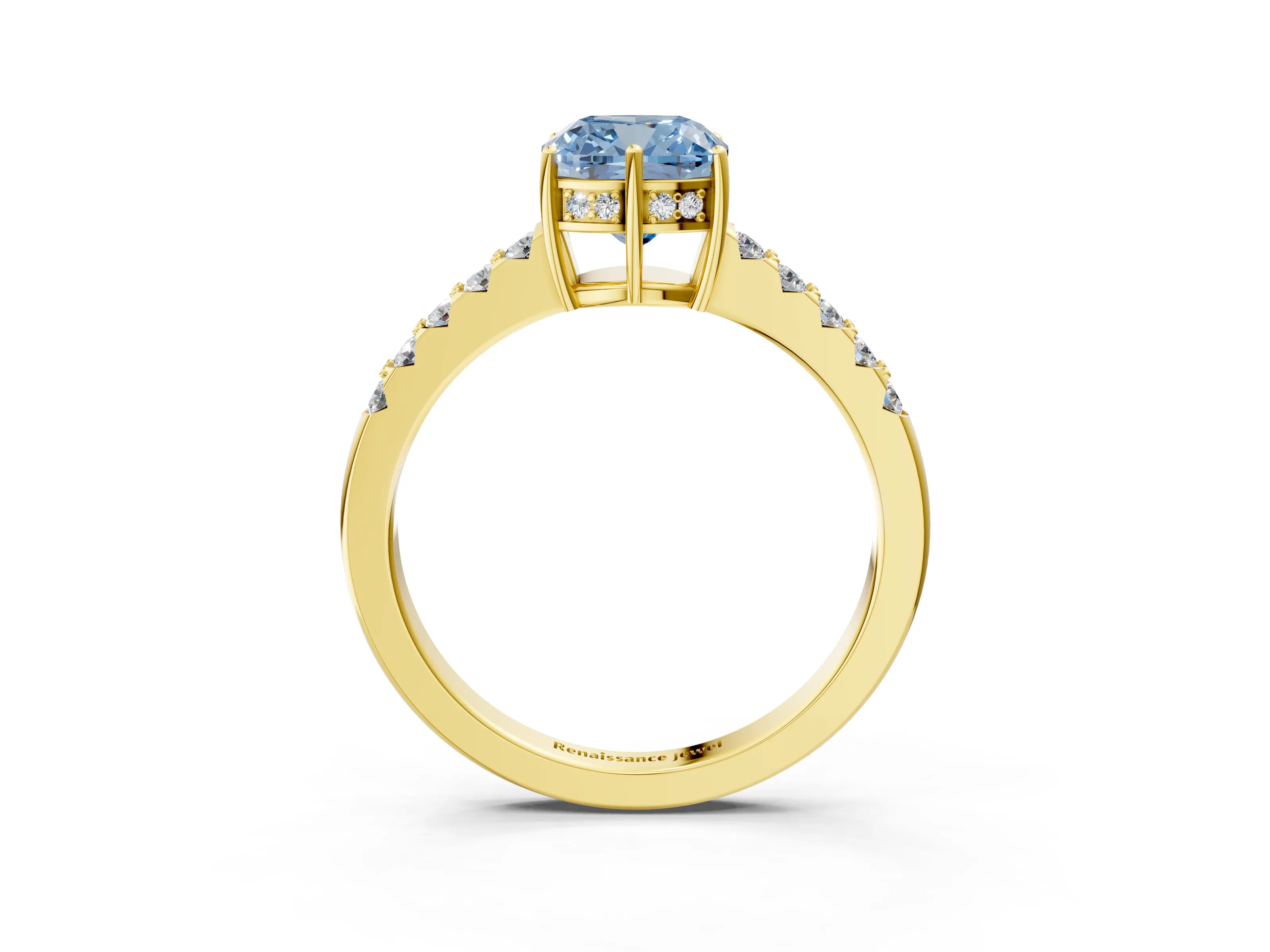 Yellow gold Fancy Blue Cushion Cut Solitaire Diamond Engagement Ring with Pavé Band and Six-Prong Setting_15