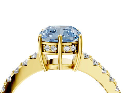 Yellow gold Fancy Blue Cushion Cut Solitaire Diamond Engagement Ring with Pavé Band and Six-Prong Setting_16