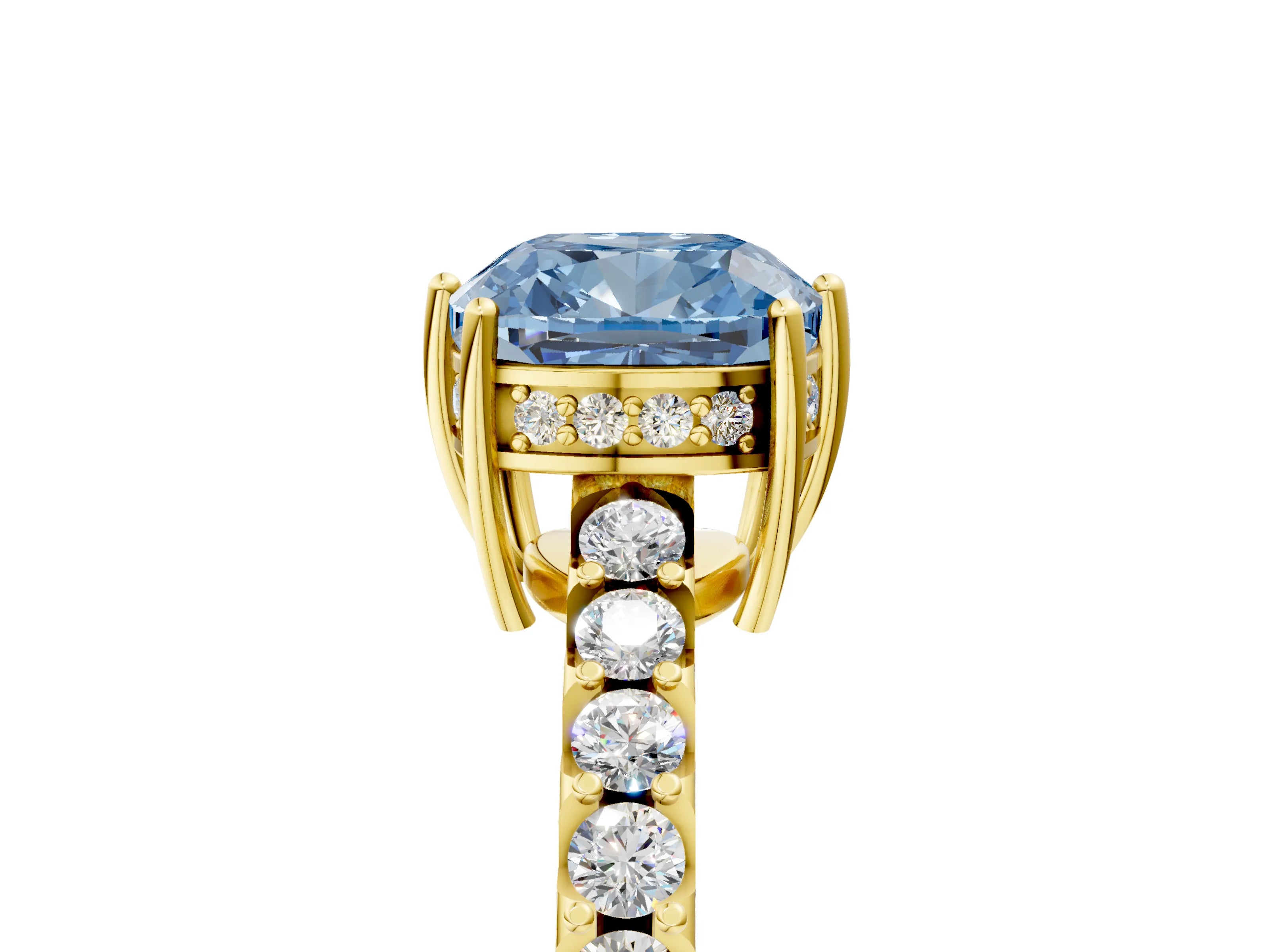 Yellow gold Fancy Blue Cushion Cut Solitaire Diamond Engagement Ring with Pavé Band and Six-Prong Setting_17