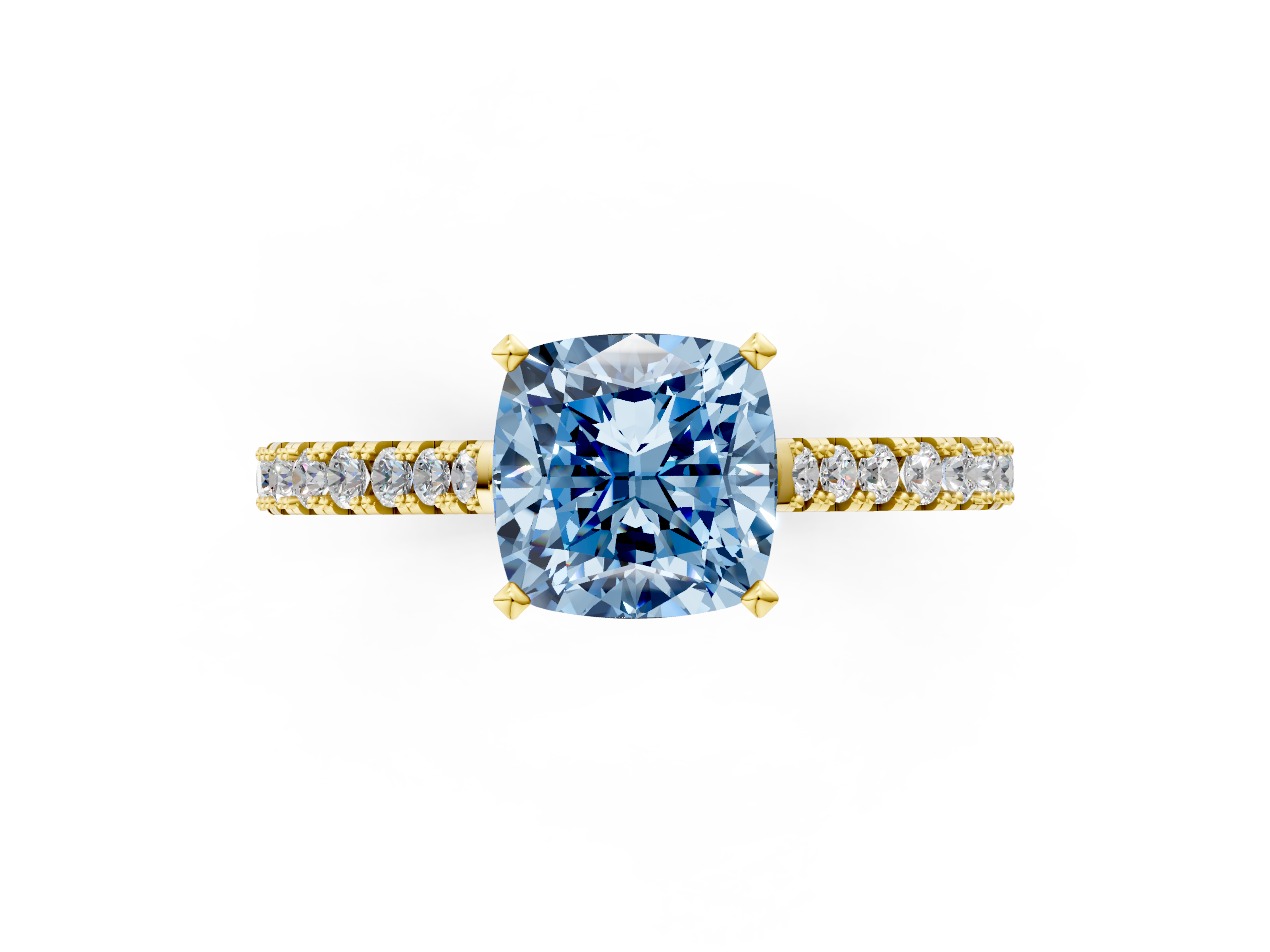 Yellow gold Fancy Blue Cushion  Cut Solitaire Diamond Engagement Ring with Pave Band and Four-Prong Setting_141