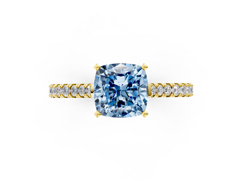 Yellow gold Fancy Blue Cushion  Cut Solitaire Diamond Engagement Ring with Pave Band and Four-Prong Setting_141