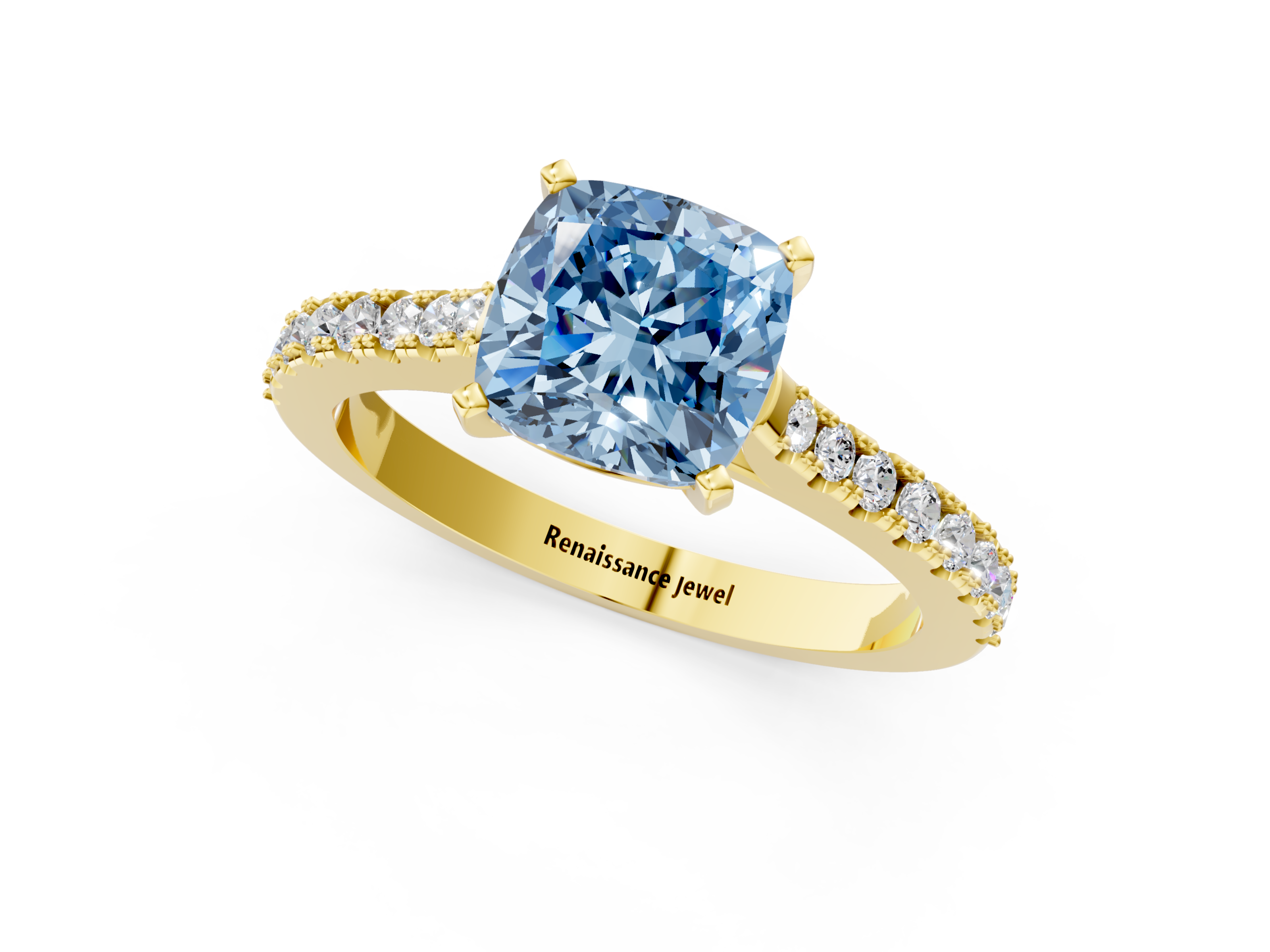 Yellow gold Fancy Blue Cushion  Cut Solitaire Diamond Engagement Ring with Pave Band and Four-Prong Setting_142
