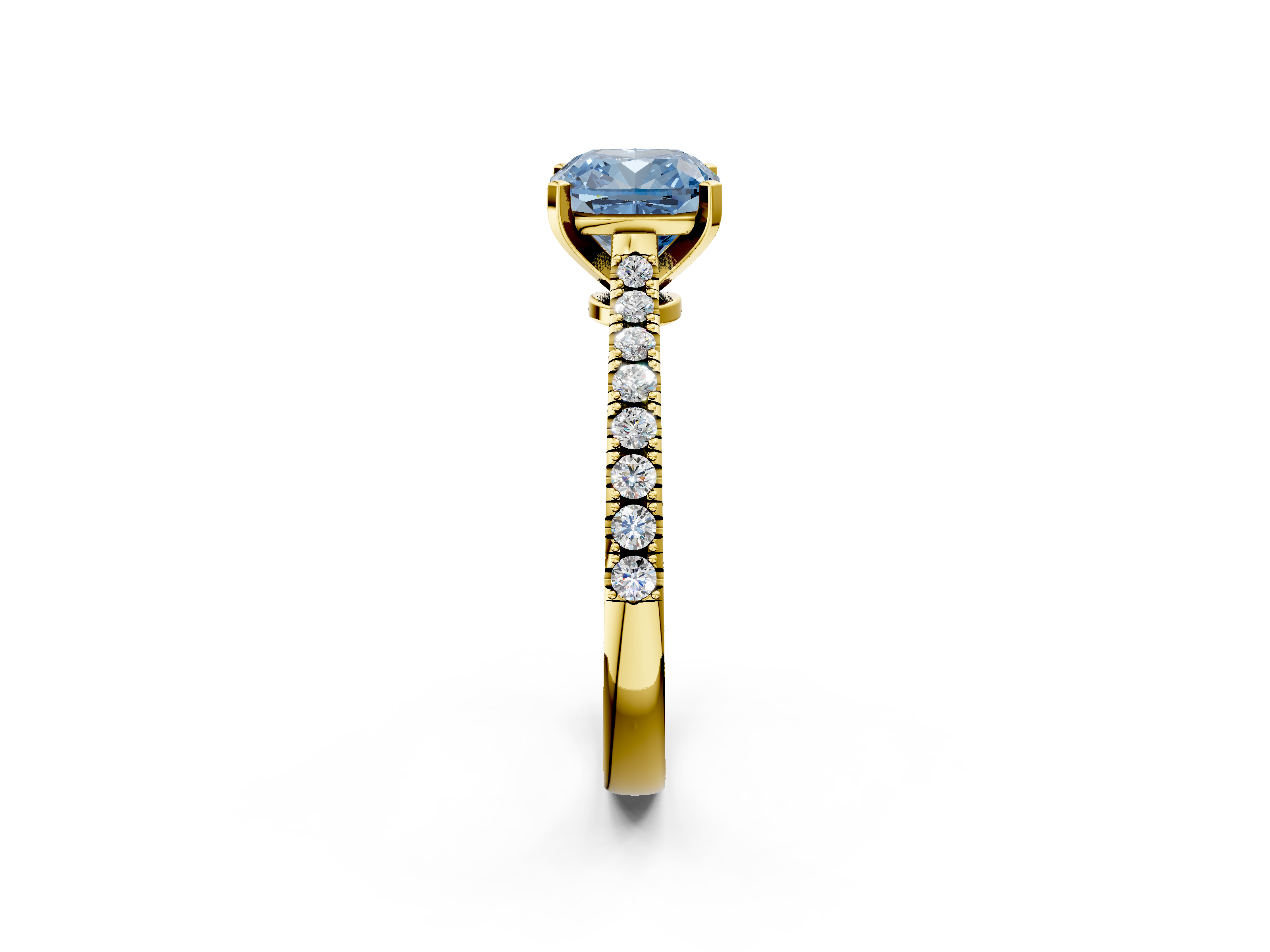 Yellow gold Fancy Blue Cushion  Cut Solitaire Diamond Engagement Ring with Pave Band and Four-Prong Setting_143