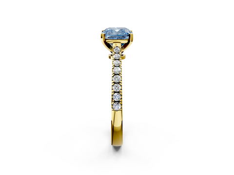 Yellow gold Fancy Blue Cushion  Cut Solitaire Diamond Engagement Ring with Pave Band and Four-Prong Setting_143