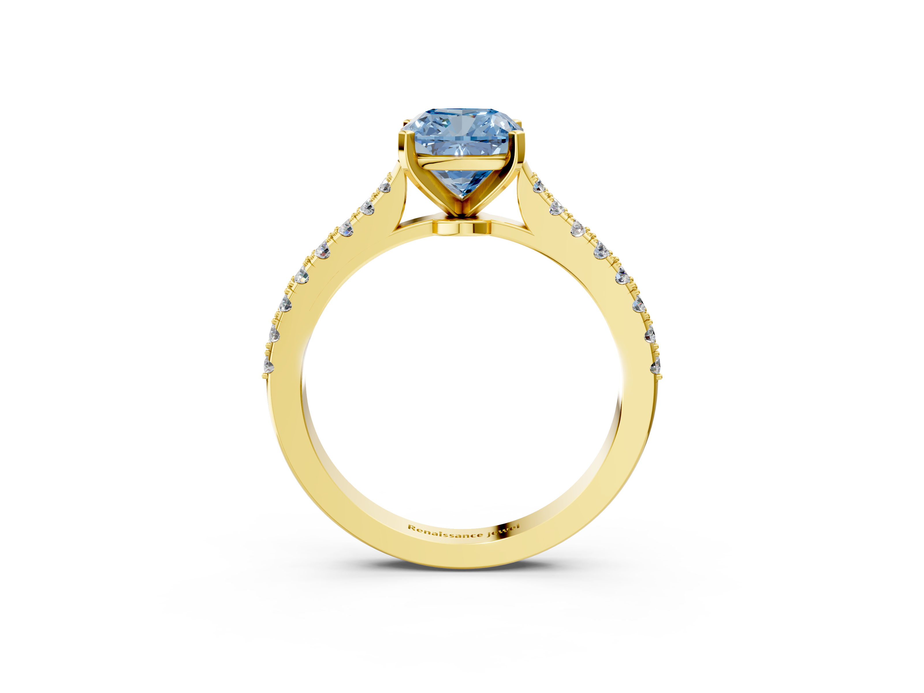 Yellow gold Fancy Blue Cushion  Cut Solitaire Diamond Engagement Ring with Pave Band and Four-Prong Setting_144