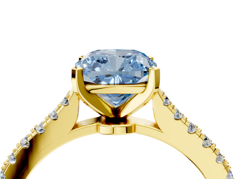 Yellow gold Fancy Blue Cushion  Cut Solitaire Diamond Engagement Ring with Pave Band and Four-Prong Setting_145