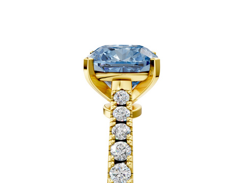 Yellow gold Fancy Blue Cushion  Cut Solitaire Diamond Engagement Ring with Pave Band and Four-Prong Setting_146