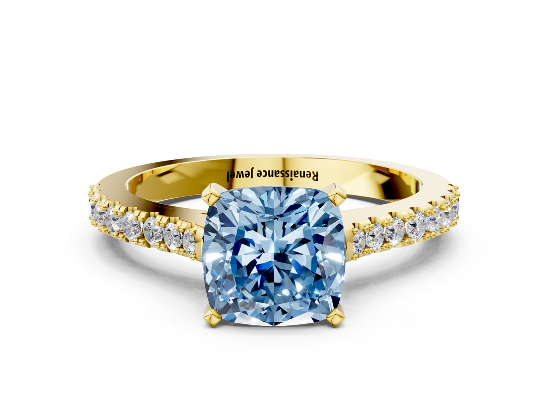 Yellow gold Fancy Blue Cushion  Cut Solitaire Diamond Engagement Ring with Pave Band and Four-Prong Setting_159