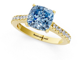 Yellow gold Fancy Blue Cushion  Cut Solitaire Diamond Engagement Ring with Pave Band and Four-Prong Setting_160