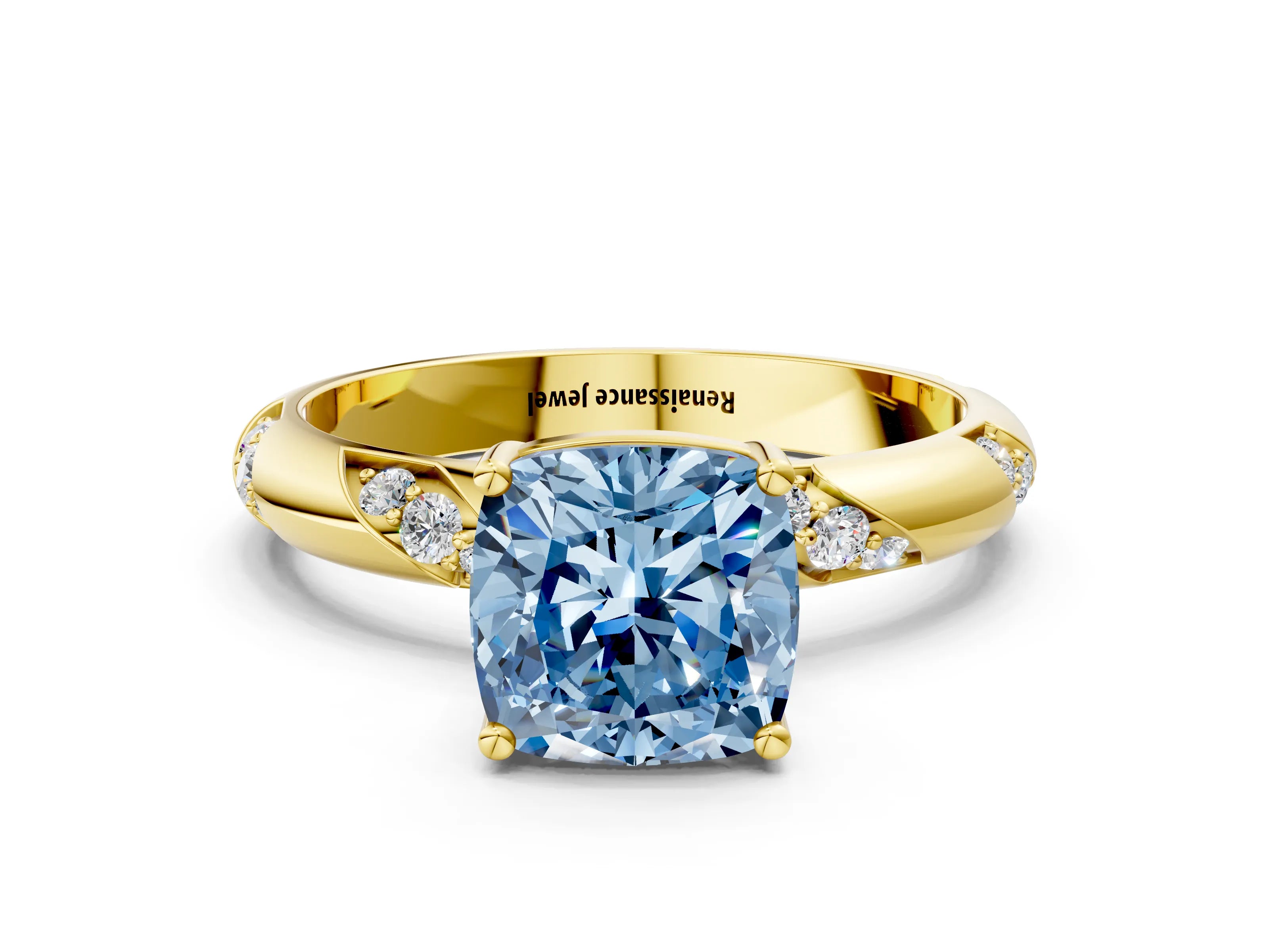 Yellow gold Fancy Blue Cushion Cut Solitaire Diamond Engagement Ring with Twisted Pave Band and Four-Prong Setting_3