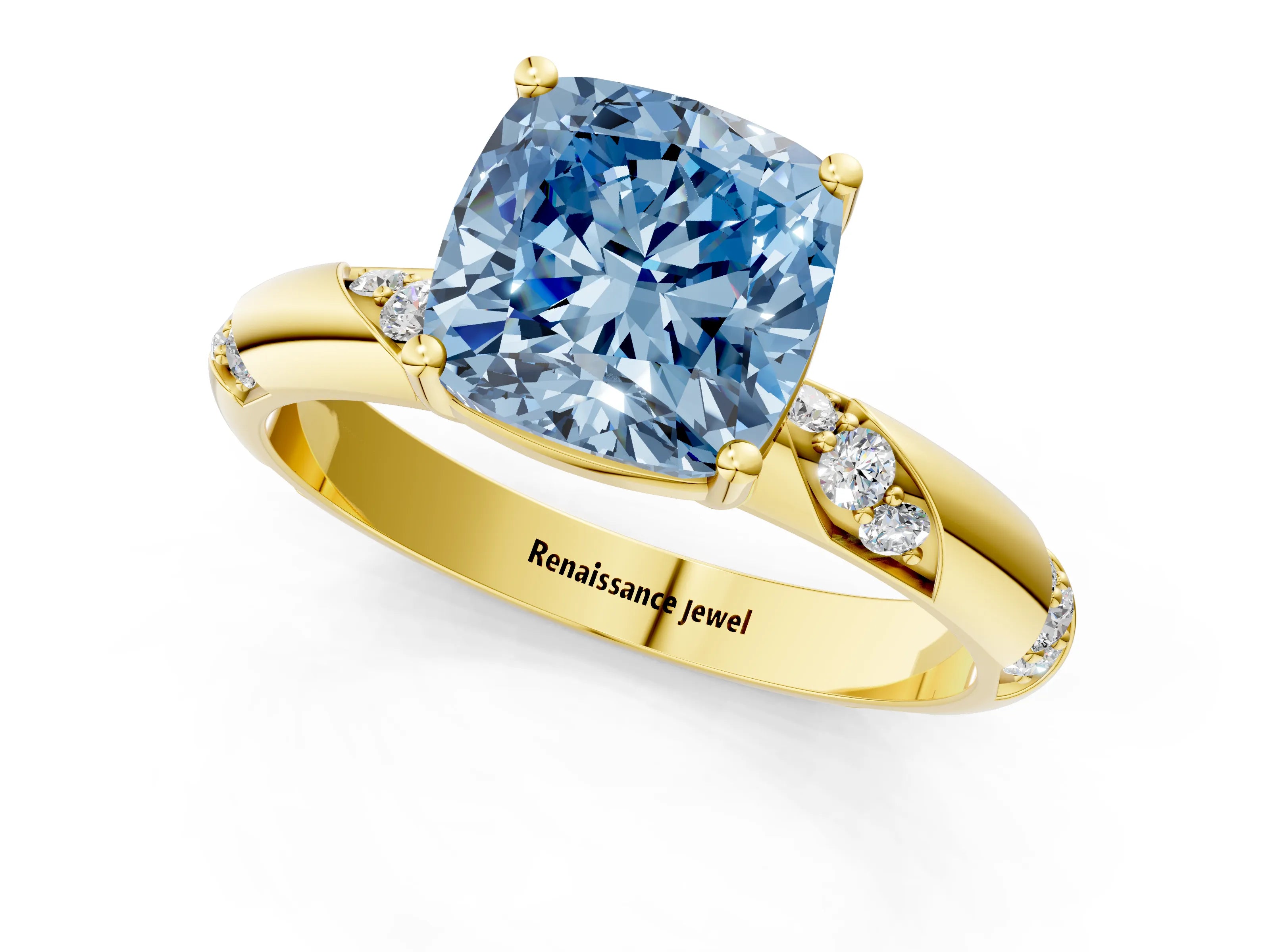 Yellow gold Fancy Blue Cushion Cut Solitaire Diamond Engagement Ring with Twisted Pave Band and Four-Prong Setting_4