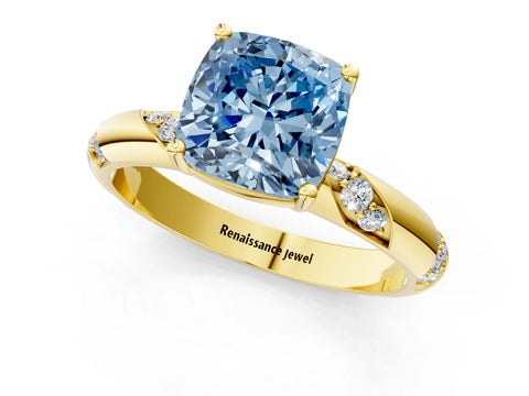 Yellow gold Fancy Blue Cushion Cut Solitaire Diamond Engagement Ring with Twisted Pave Band and Four-Prong Setting_4