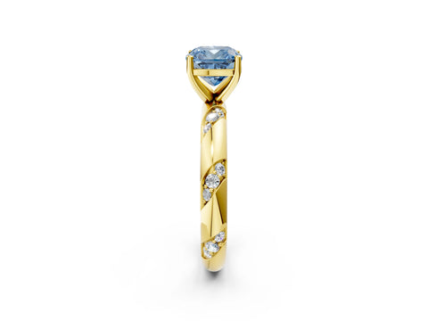 Yellow gold Fancy Blue Cushion Cut Solitaire Diamond Engagement Ring with Twisted Pave Band and Four-Prong Setting_5