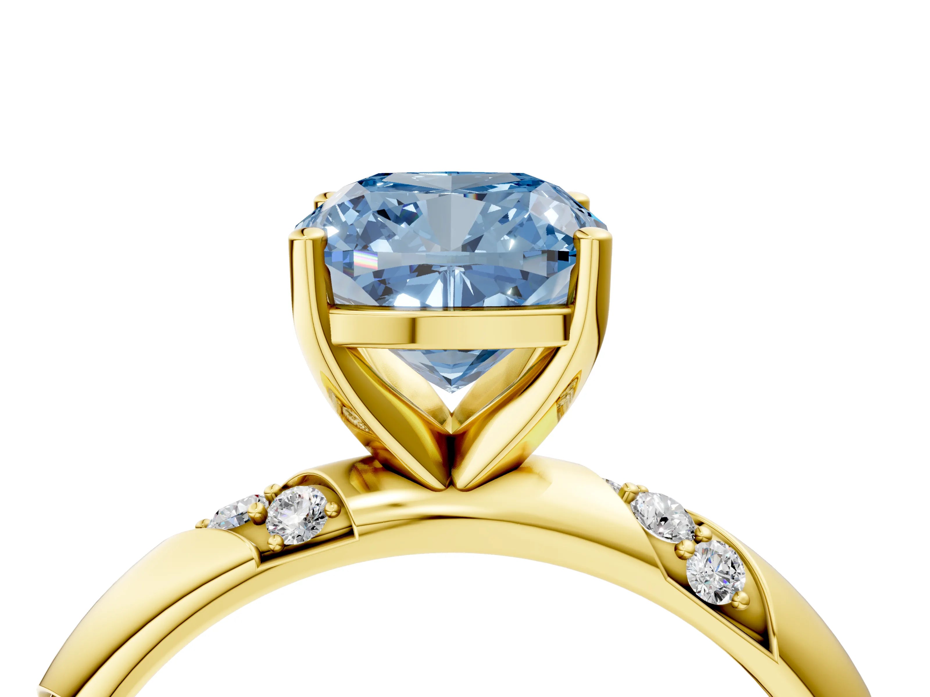 Yellow gold Fancy Blue Cushion Cut Solitaire Diamond Engagement Ring with Twisted Pave Band and Four-Prong Setting_7