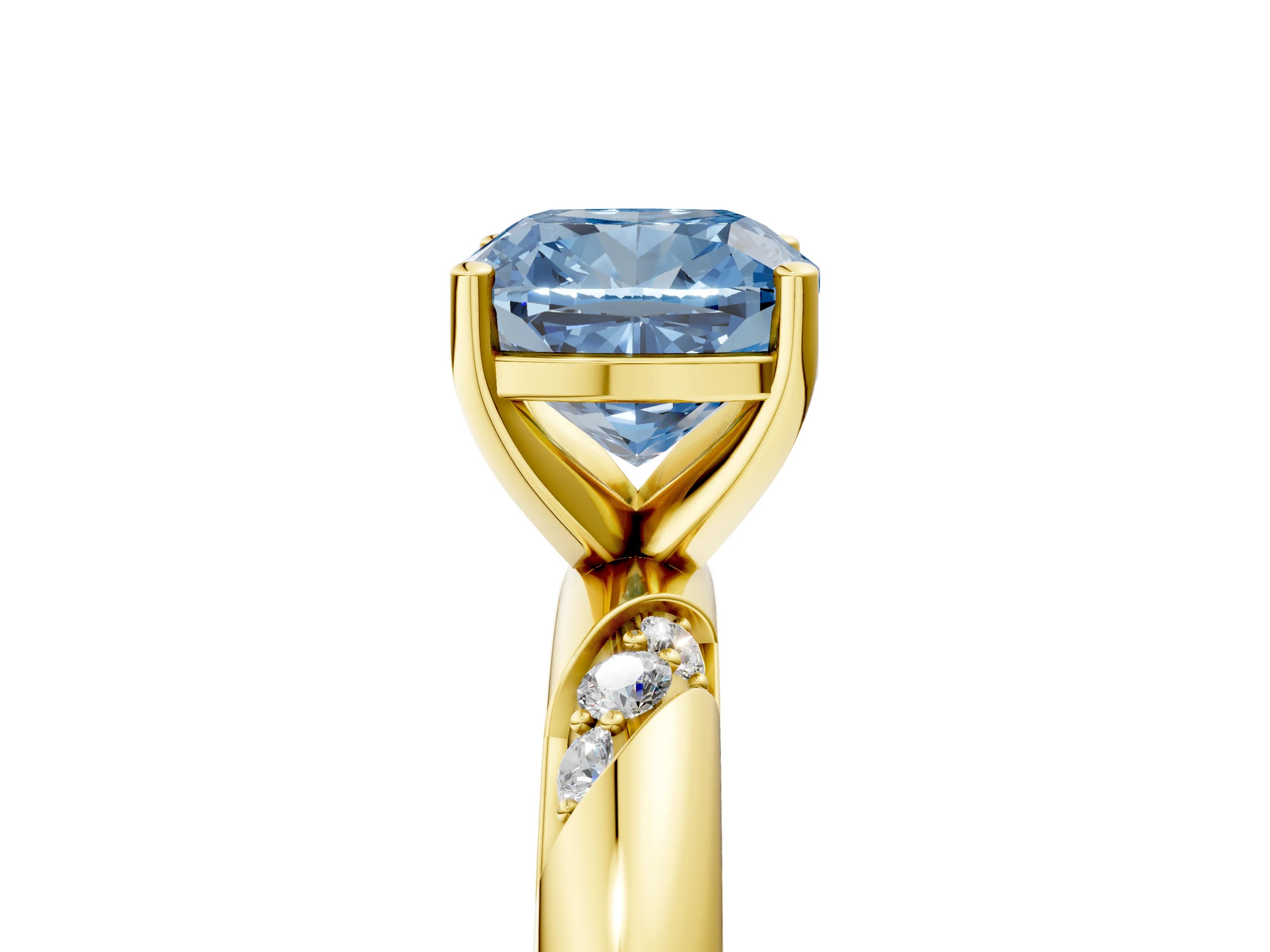 Yellow gold Fancy Blue Cushion Cut Solitaire Diamond Engagement Ring with Twisted Pave Band and Four-Prong Setting_8