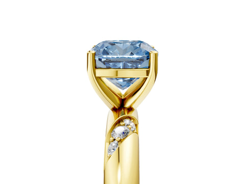Yellow gold Fancy Blue Cushion Cut Solitaire Diamond Engagement Ring with Twisted Pave Band and Four-Prong Setting_8
