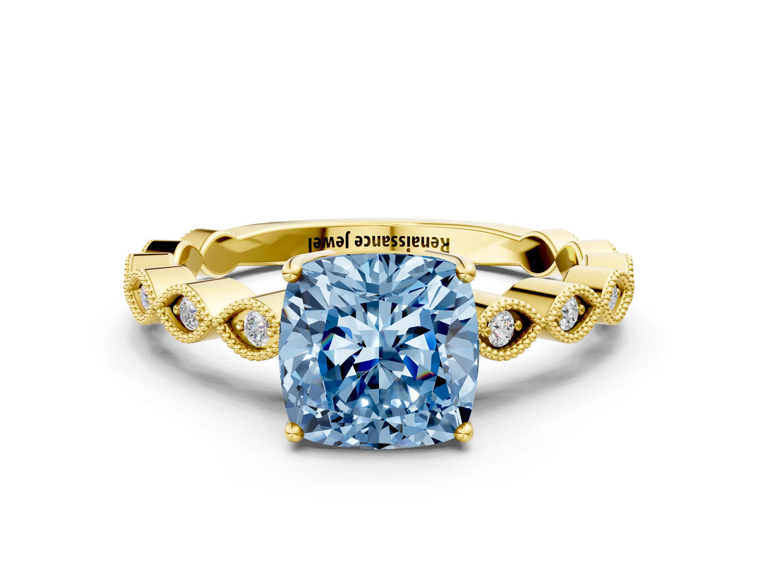 Yellow gold Fancy Blue Cushion Cut Solitaire Diamond Ring with Infinity Twist Band and Four-Prong Setting_12