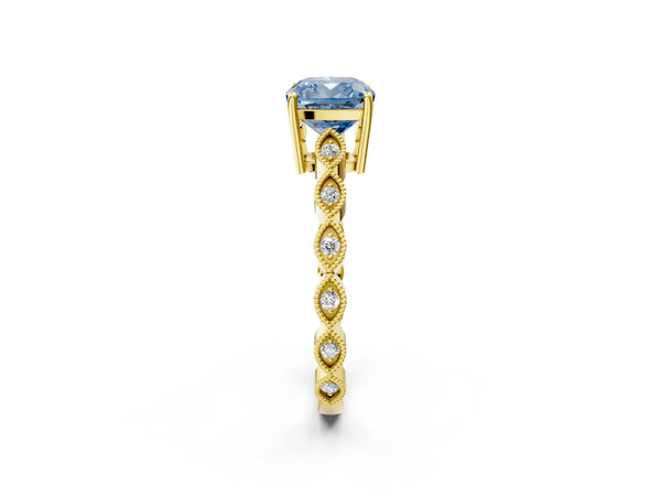 Yellow gold Fancy Blue Cushion Cut Solitaire Diamond Ring with Infinity Twist Band and Four-Prong Setting