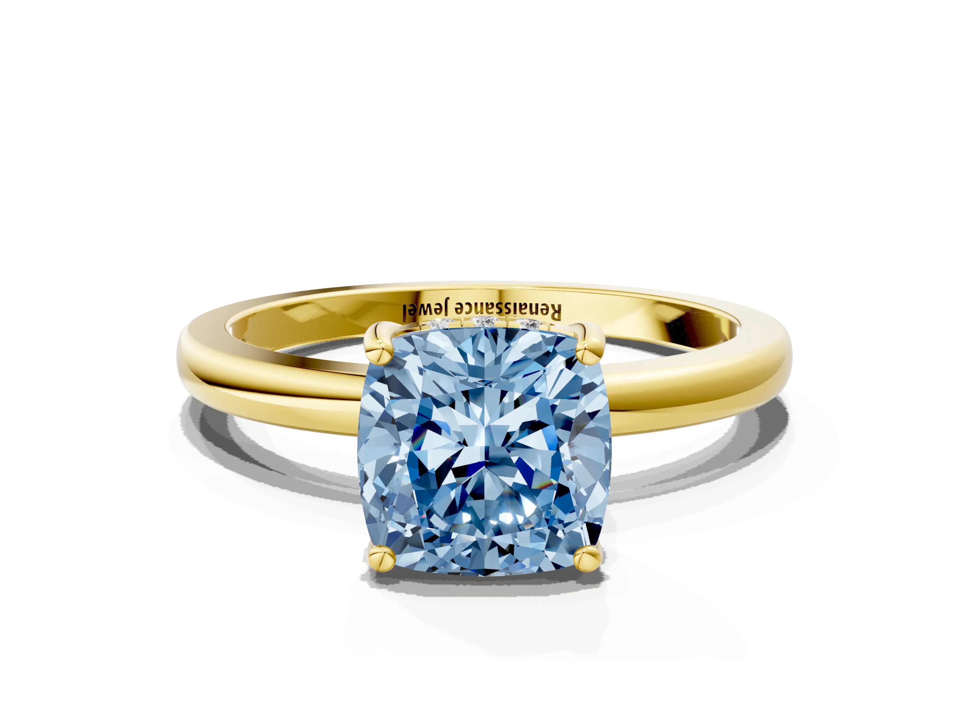Yellow gold Fancy Blue Cushion Cut Solitaire Diamond Ring with Prong Setting and Plain Band