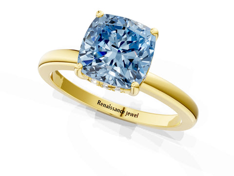 Yellow gold Fancy Blue Cushion Cut Solitaire Diamond Ring with Prong Setting and Plain Band_1