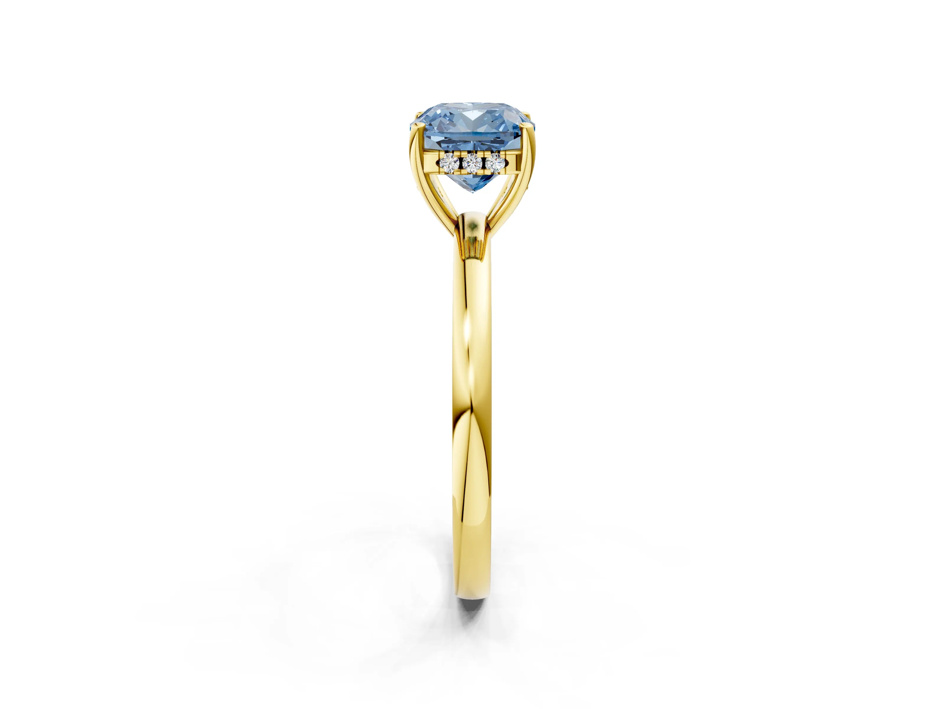 Yellow gold Fancy Blue Cushion Cut Solitaire Diamond Ring with Prong Setting and Plain Band_2
