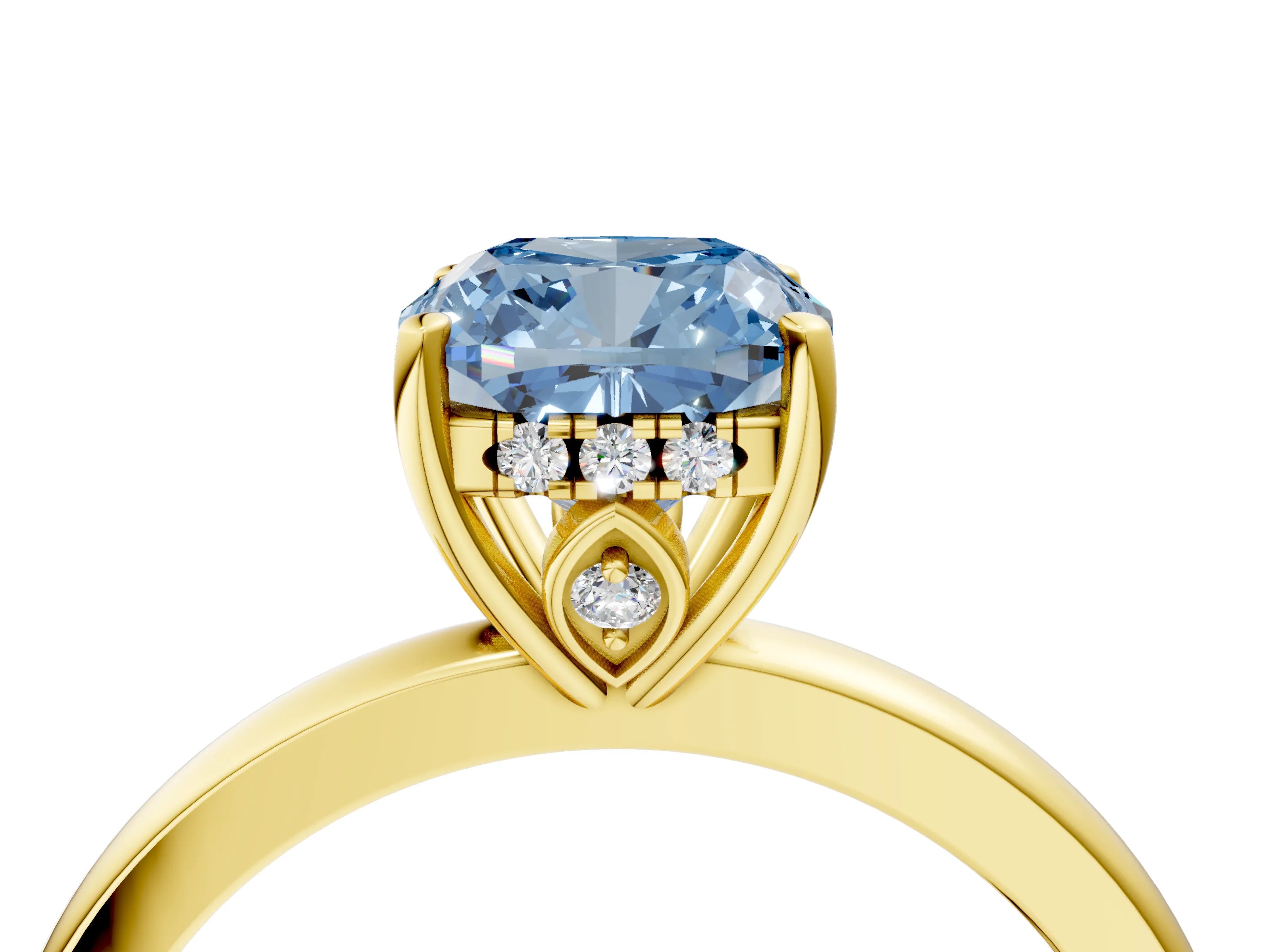 Yellow gold Fancy Blue Cushion Cut Solitaire Diamond Ring with Prong Setting and Plain Band_4