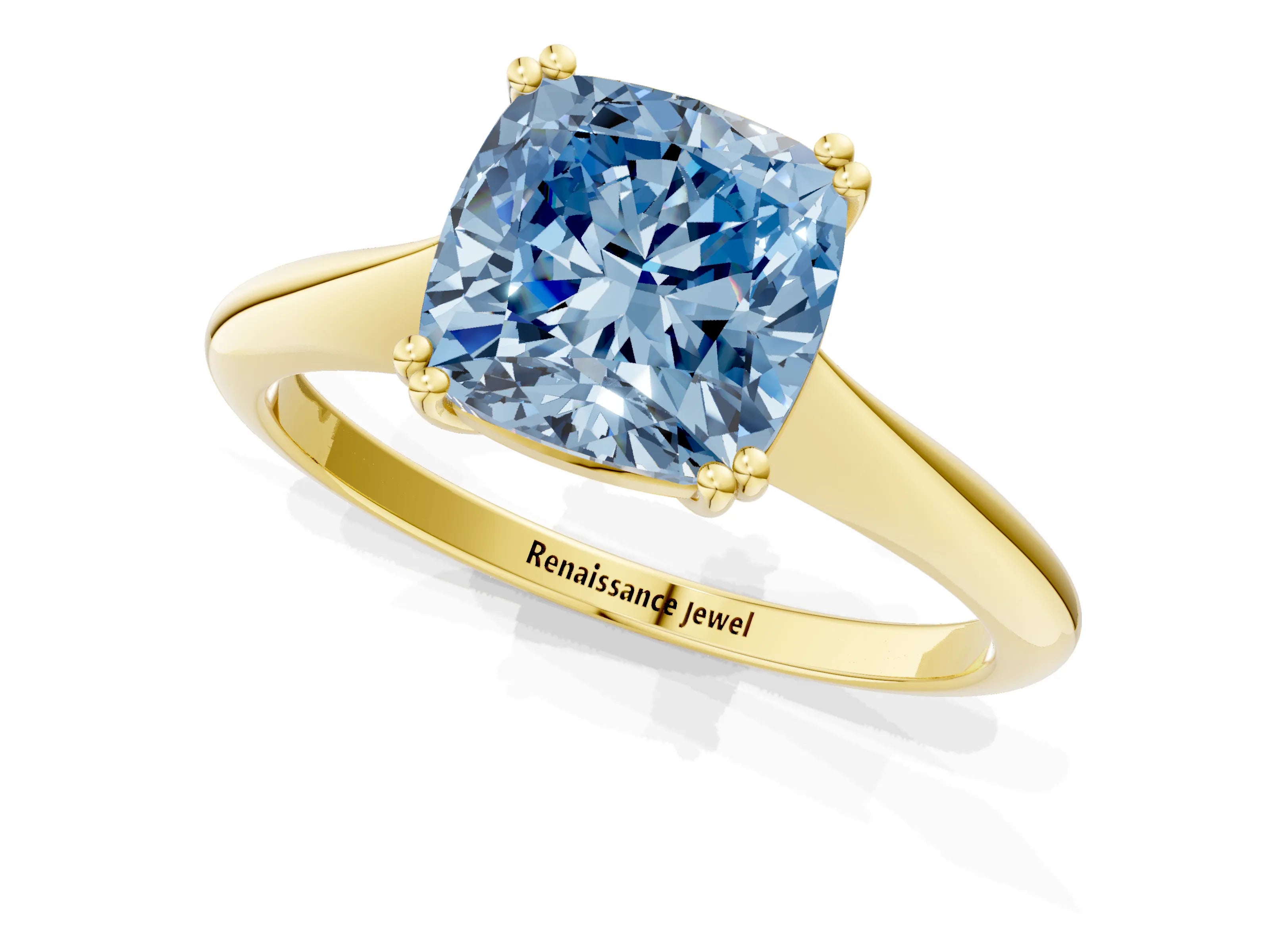 Yellow gold Fancy Blue Cushion Cut Solitaire Diamond Ring with Six-Prong Setting and Classic Band_1