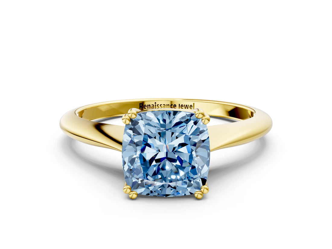 Yellow gold Fancy Blue Cushion Cut Solitaire Diamond Ring with Six-Prong Setting and Classic Band_12