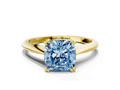 Yellow gold Fancy Blue Cushion Cut Solitaire Diamond Ring with Six-Prong Setting and Classic Band