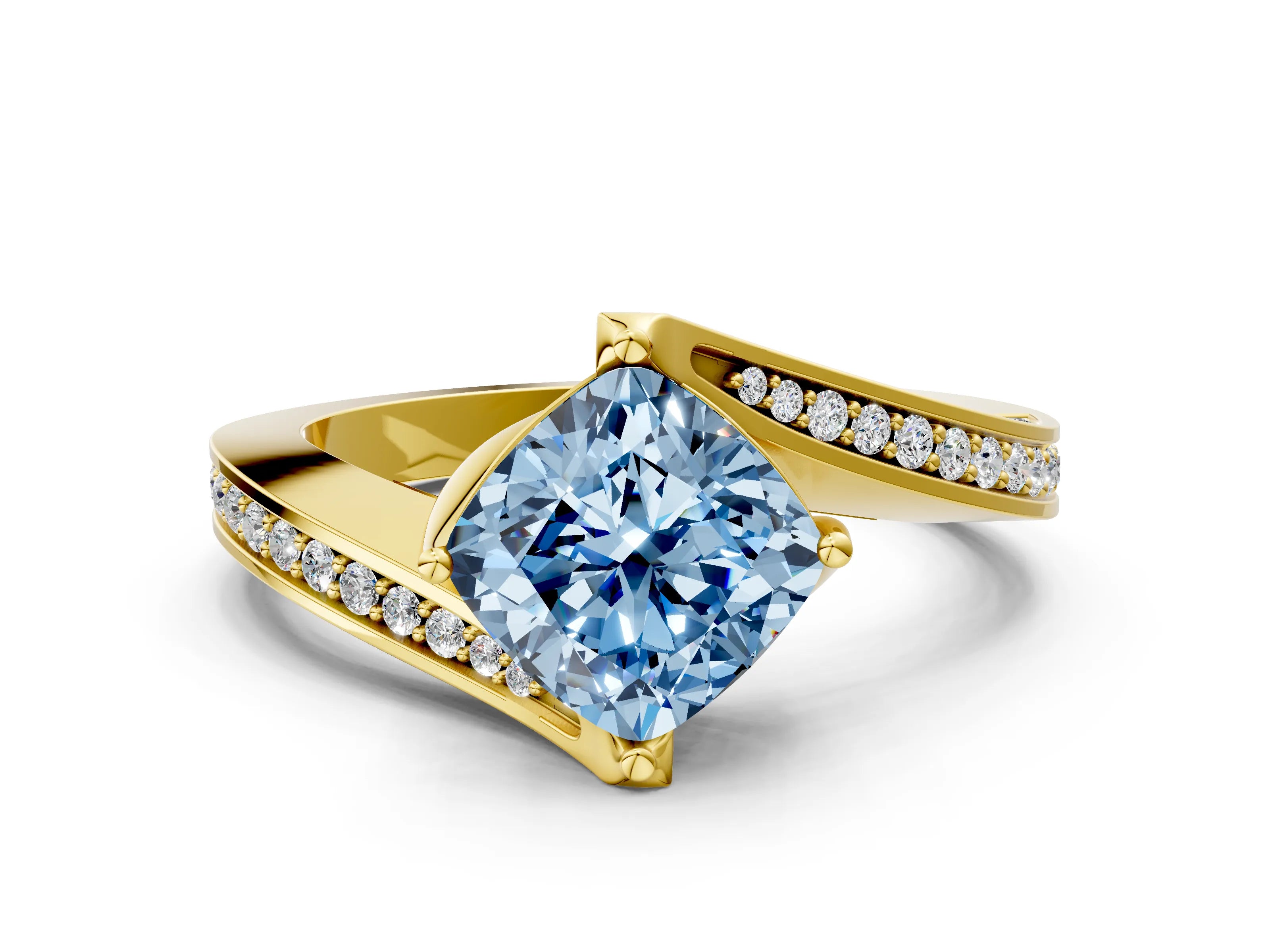 Yellow gold Fancy Blue Cushion Cut Solitaire Diamond Twist Band with Pavé Setting and Four-Prong Setting