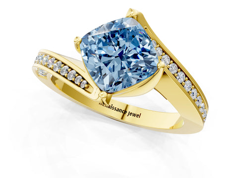 Yellow gold Fancy Blue Cushion Cut Solitaire Diamond Twist Band with Pavé Setting and Four-Prong Setting_1