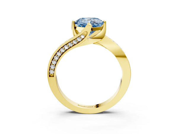 Yellow Gold Cushion Cut Swirl Bypass Pave Engagement Ring Setting for Fancy Blue Center