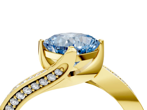 Yellow gold Fancy Blue Cushion Cut Solitaire Diamond Twist Band with Pavé Setting and Four-Prong Setting_4